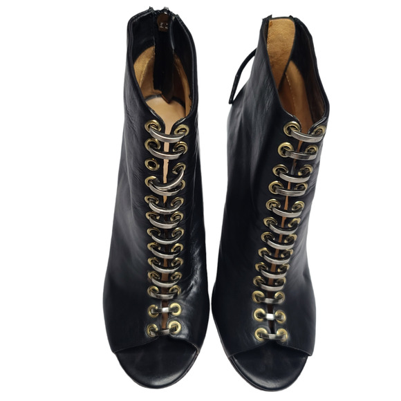 L.A.M.B Leather Lace Up Ring Black Heels - Picture 2 of 7